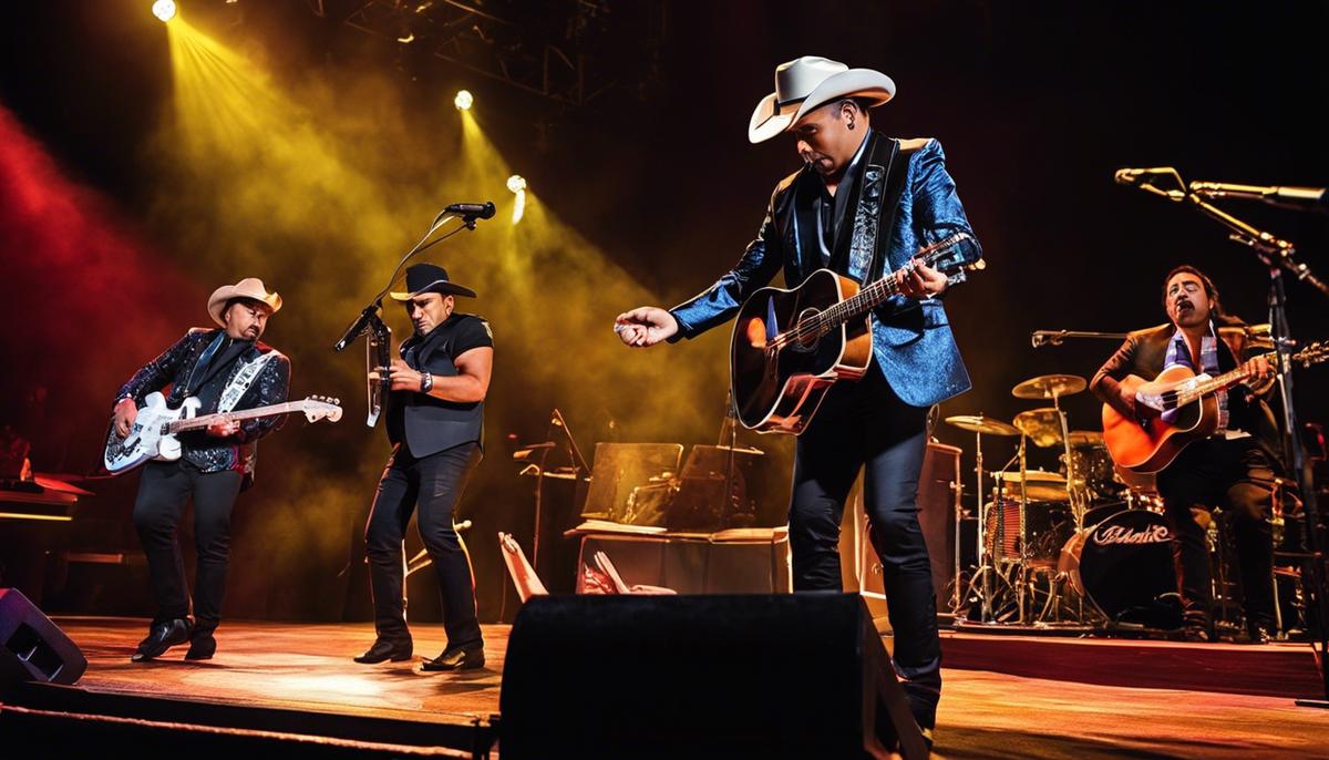 Imagen de los artistas de corridos contemporáneos en el escenario, capturando el espíritu apasionado de la música corrido contemporánea