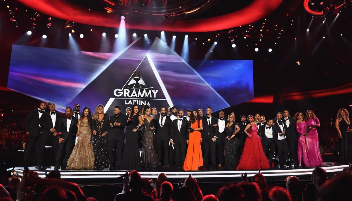 Imagen de la noche de gala del Premio Grammy Latino, con artistas y celebridades de la música latina reunidos en el escenario para una velada mágica