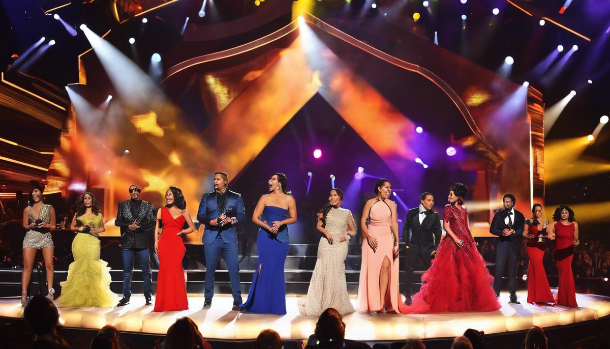 Imagen de los Premios Grammy Latinos, mostrando a artistas latinos de diferentes géneros musicales celebrando en el escenario.