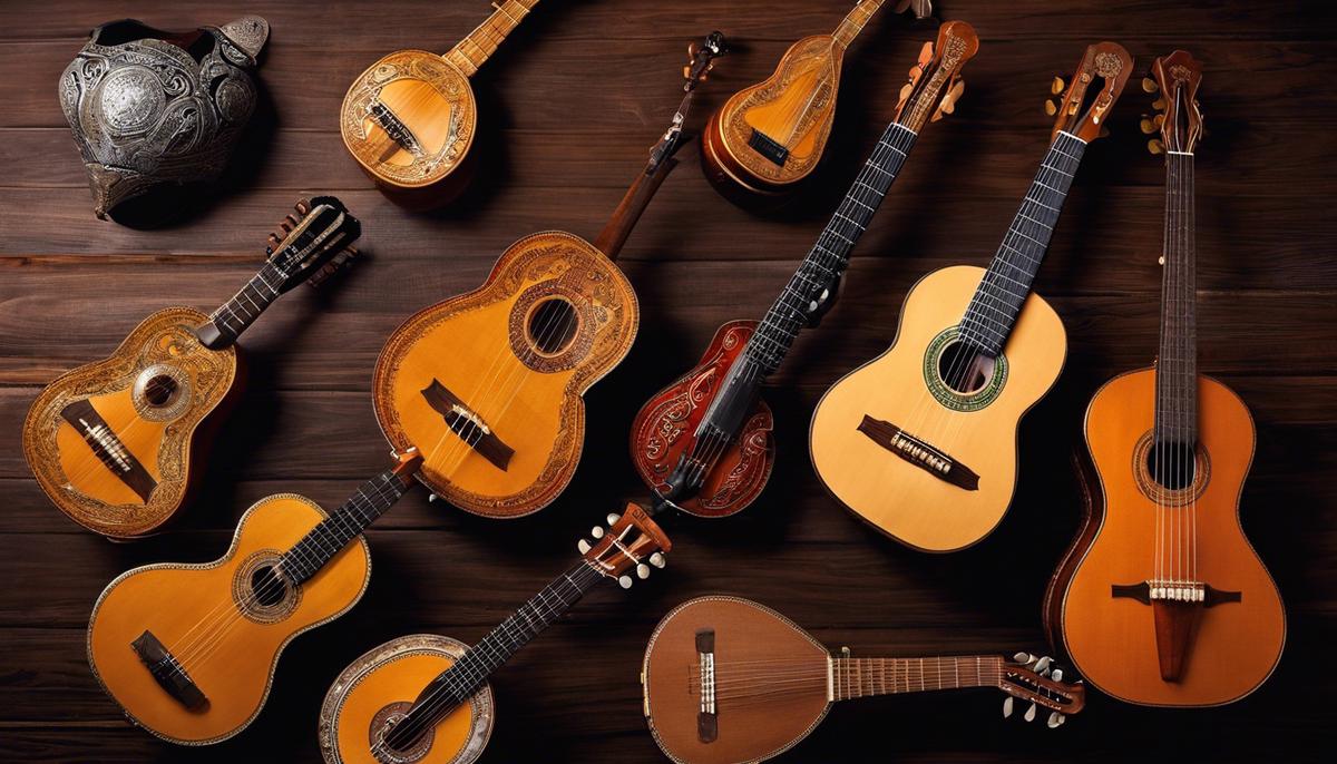 Image of various mariachi instruments, showcasing the diversity of their shapes and sizes.