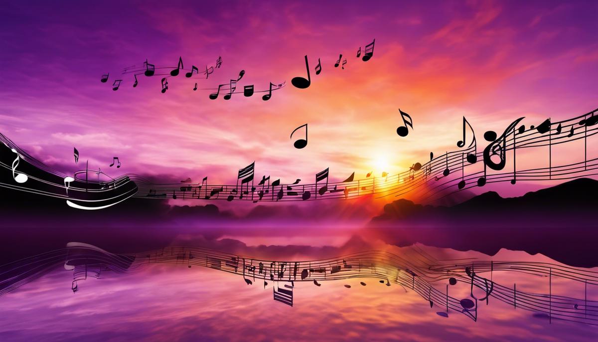 Image of a purple and melodic sunrise with musical notes floating around it.